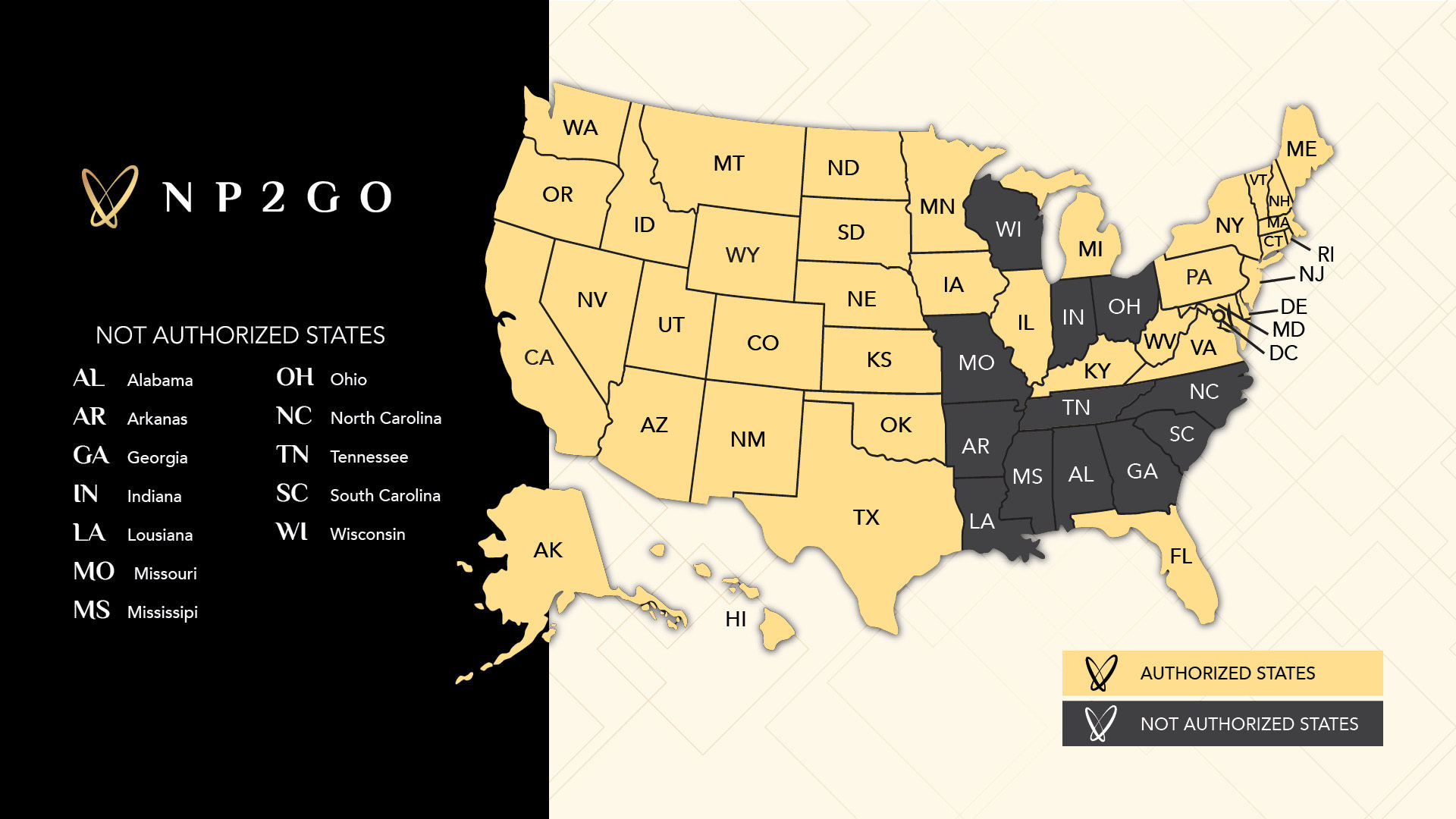 NP2GO State Map Horizontal Authorized States Map