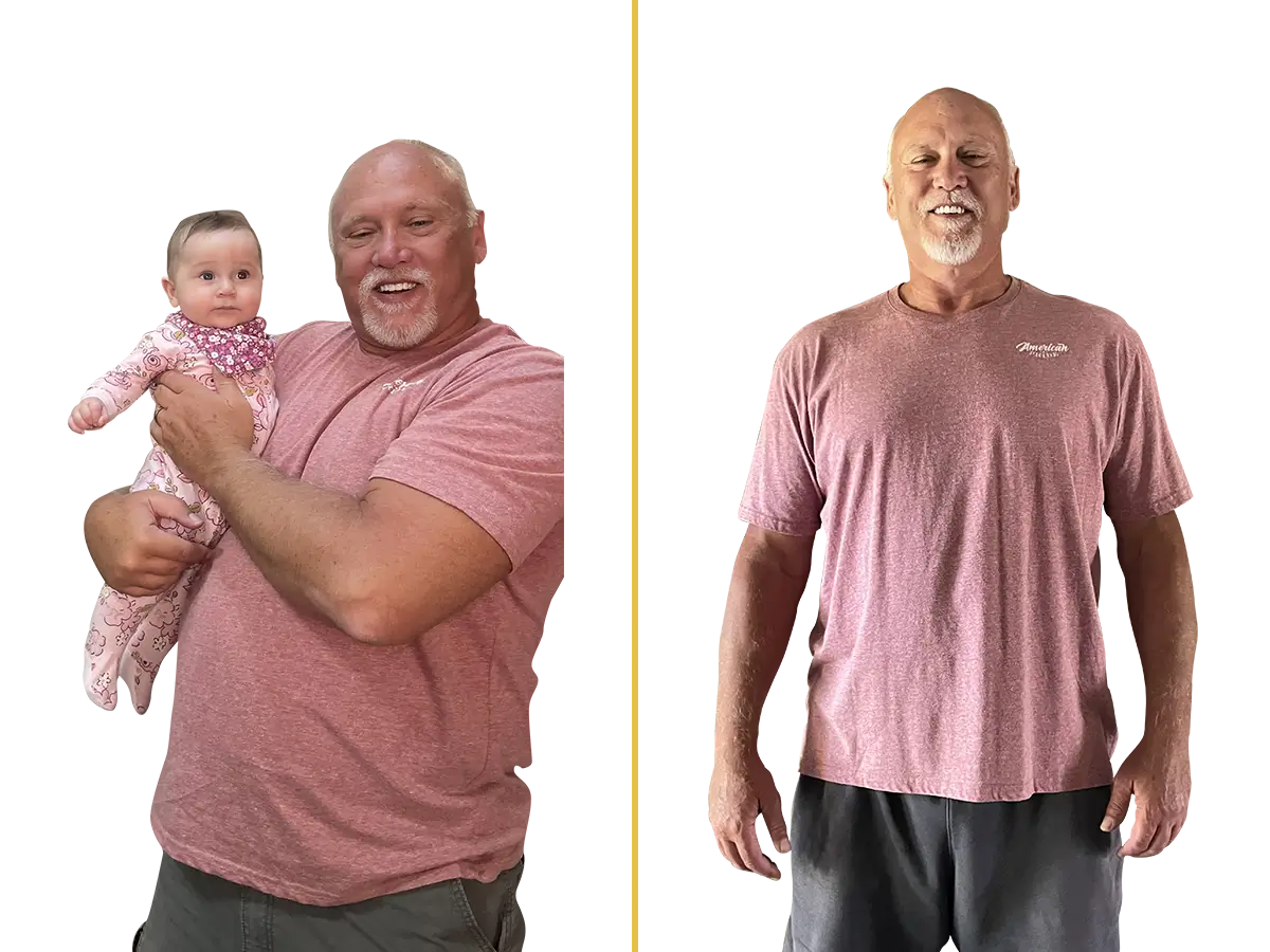 A man, Bruce, before and after his weight loss journey