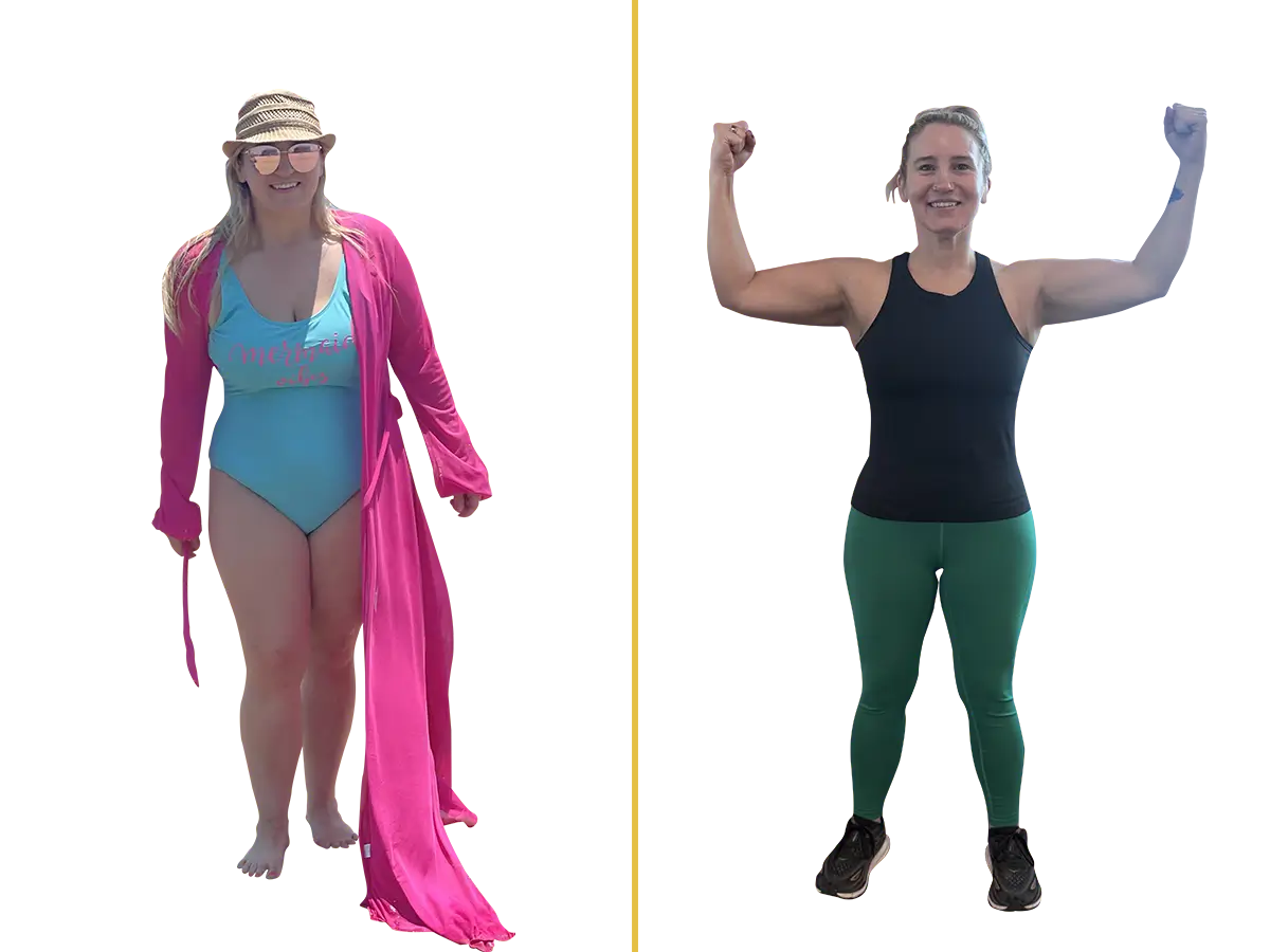 A woman, Kara, before and after her weight loss journey