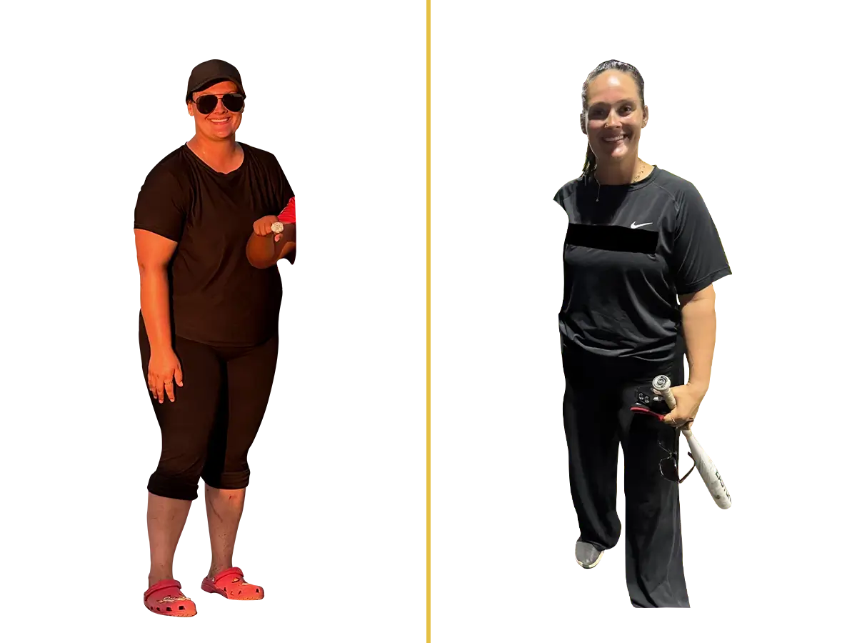 A woman, Kristen, before and after her weight loss journey