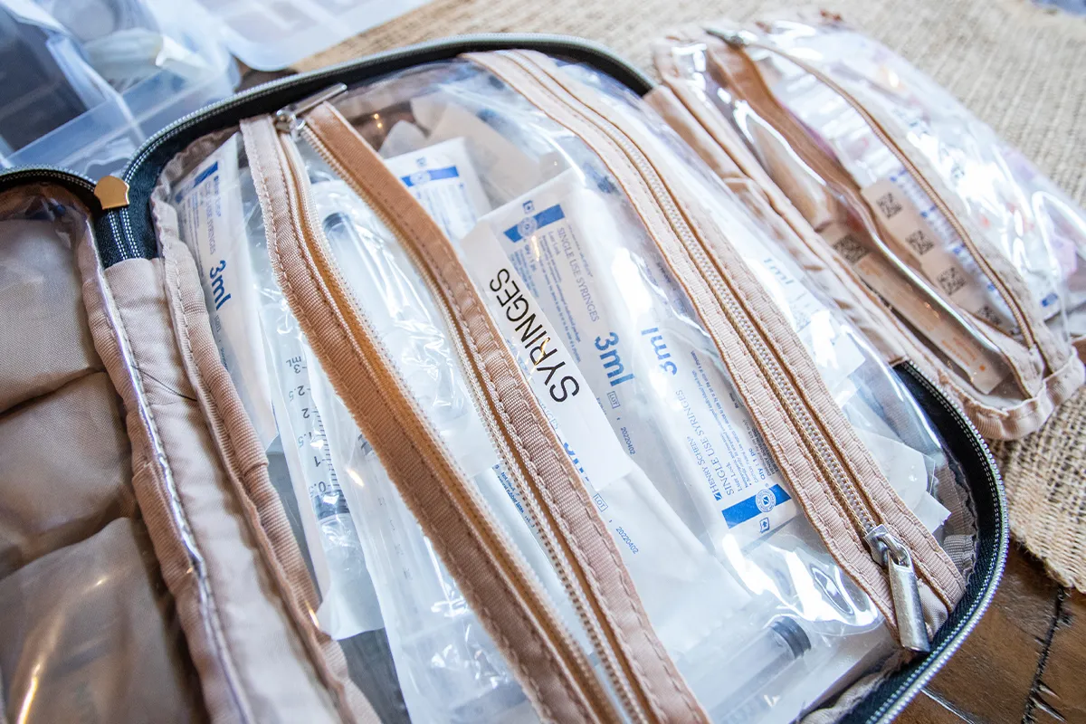 A bag with packaged syringes